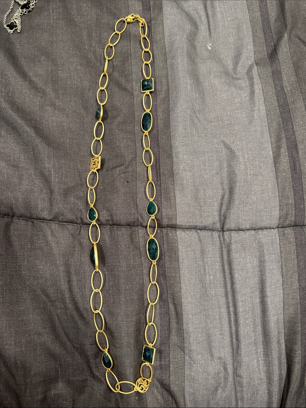 Gold Link Necklace with Dark Green Stone Accents